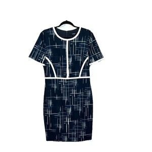 NWT‎ Badgley Mischka Size 12 Navy Blue White popular Cross Hatch Sheath Dress
